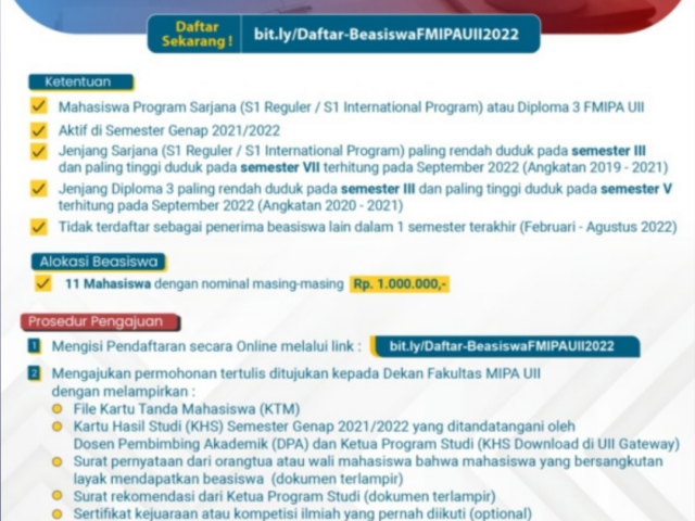 Penerimaan Beasiswa Apresiasi Prestasi Akademik FMIPA UII Semester Genap T.A. 2021/2022