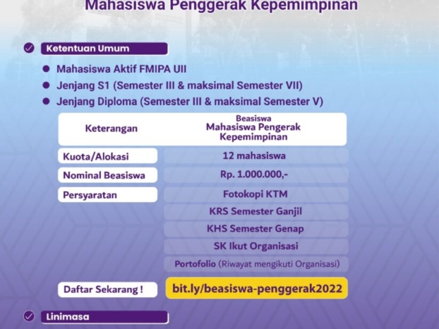 Beasiswa Mahasiswa Penggerak Kepemimpinan dalam Rangka Milad Ke-27 FMIPA UII