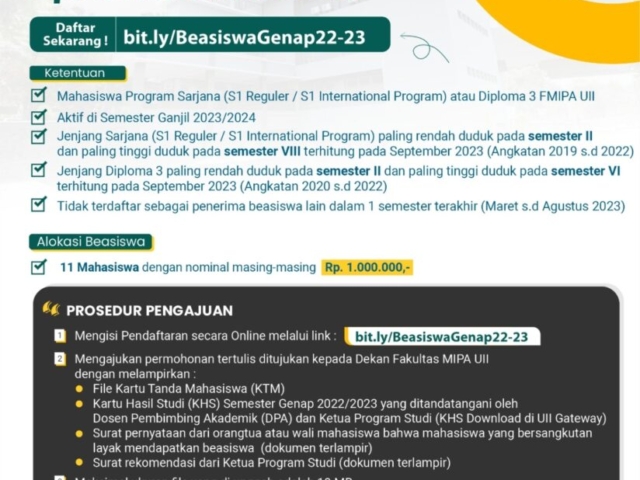 Beasiswa Apresiasi Akademik Fakultas MIPA Universitas Islam Indonesia Periode Semester Genap Tahun Akademik 2022/2023